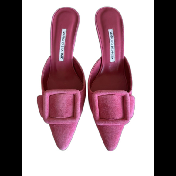 Manolo Blahnik Shoes - Manolo Blahnik Maysale Pink Suede Mule Kitten Heels Pumps Size EU 37 US 7